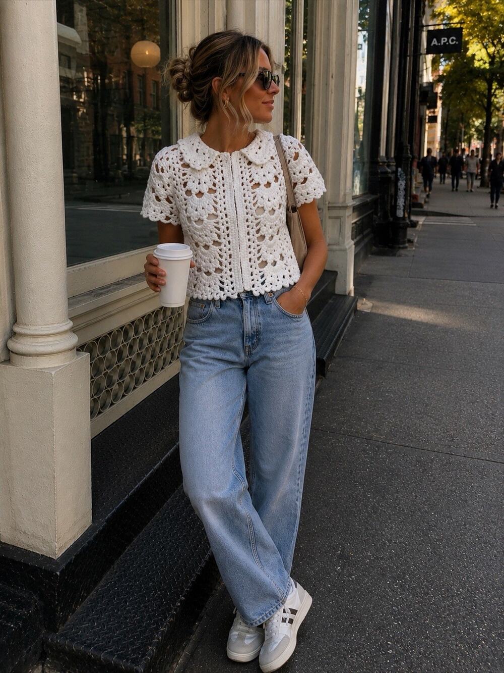 English Factory White Crochet Crop Cardigan Short Sleeve Peter Pan Collar Boho S